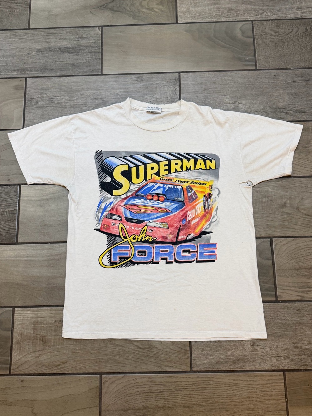 Vintage 1999 John Force Superman Castrol GTX NHRA Double-Sided Racing T-Shirt